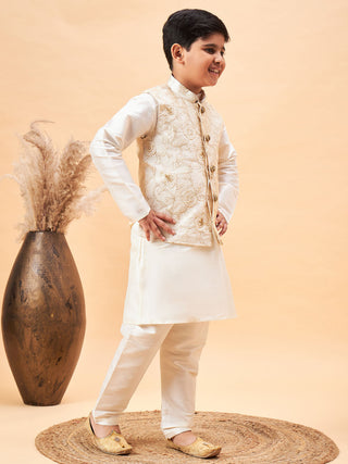 Vastramay Boy's Beige Nehru Jacket With Cream Kurta And Pyjama Set