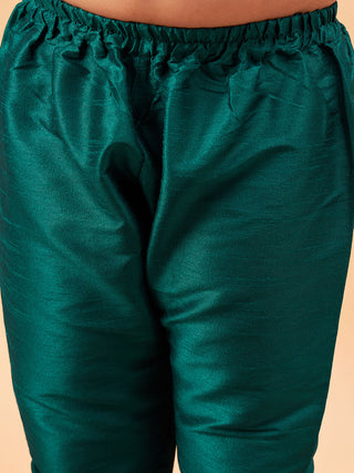 VASTRAMAY Boy's Beige Woven Nehru Jacket With Green Kurta Pyjama Set