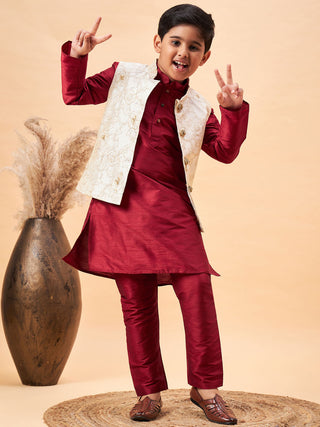 VASTRAMAY Boy's Beige Woven Jacket With Maroon Kurta and Pyjama Set