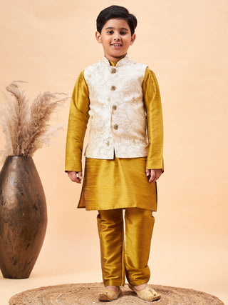 Vastramay Boy's Beige Nehru Jacket With Mustard Kurta And Pyjama Set
