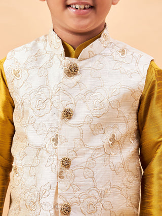 Vastramay Boy's Beige Nehru Jacket With Mustard Kurta And Pyjama Set