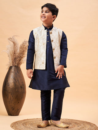 VASTRAMAY Boy's Beige Woven Nehru Jacket With Navy Blue Kurta Pyjama Set