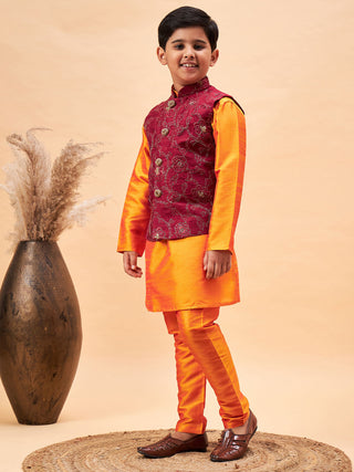 VASTRAMAY Boy's Maroon Nehru Jacket With Orange Kurta And Pyjama Set