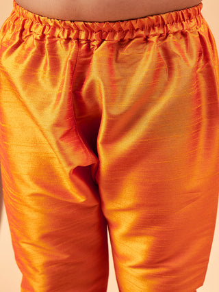VASTRAMAY Boy's Maroon Woven Nehru Jacket With Orange Kurta And Pyjama Set