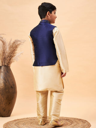 Vastramay Boy's Navy Blue Nehru Jacket With Gold Kurta And Pyjama Set