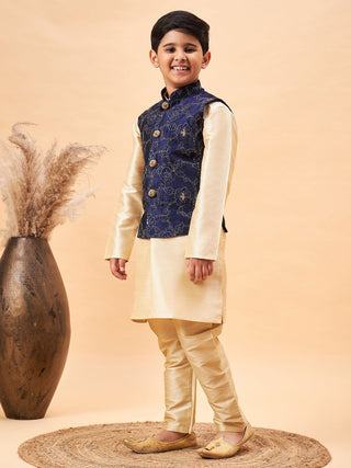 Vastramay Boy's Navy Blue Nehru Jacket With Gold Kurta And Pyjama Set