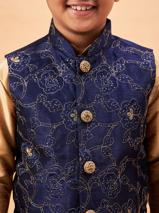 VASTRAMAY Boy's Navy Blue Nehru Jacket With Rose Gold Kurta And Pyjama Set