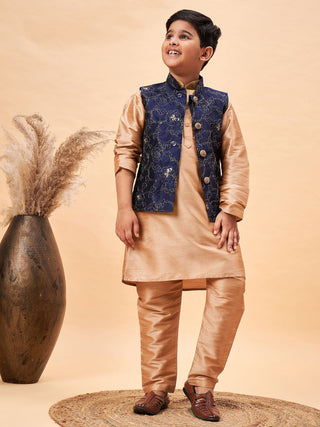 VASTRAMAY Boy's Navy Blue Nehru Jacket With Rose Gold Kurta And Pyjama Set