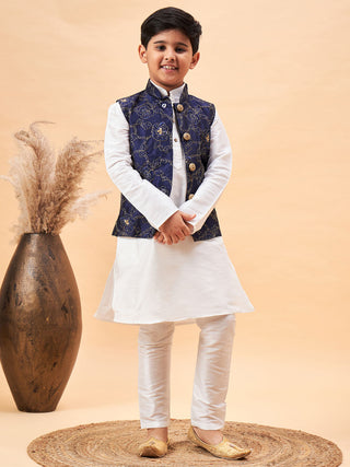 VASTRAMAY Boy's Navy Blue Nehru Jacket With White Kurta And Pyjama Set
