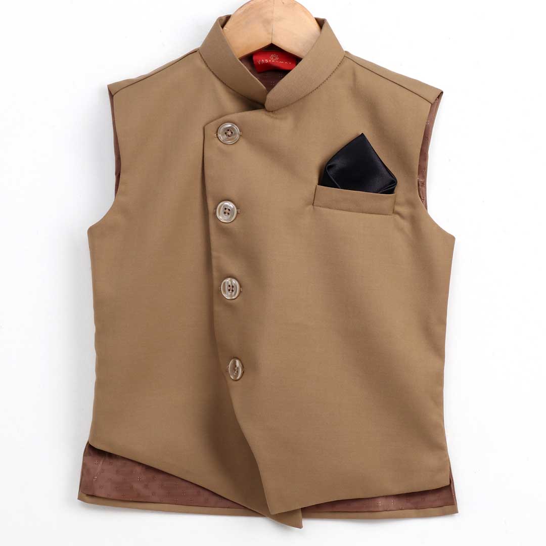 Beige Cotton Blend Twill Nehru Jacket