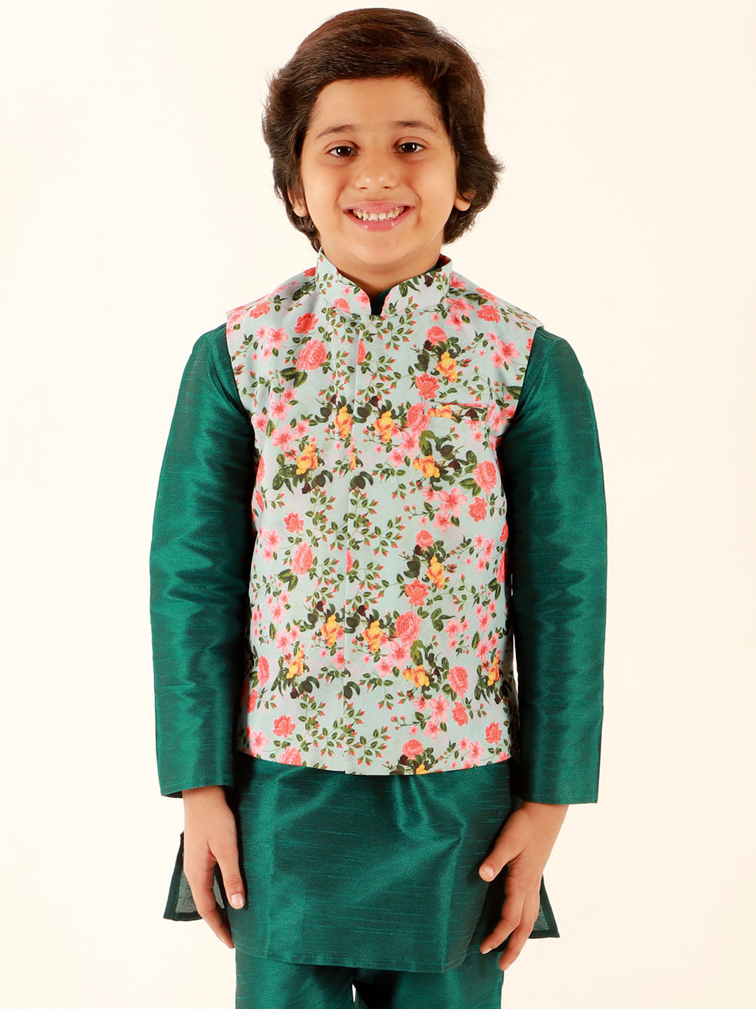 Boy's Aqua Floral Printed Nehru Jacket