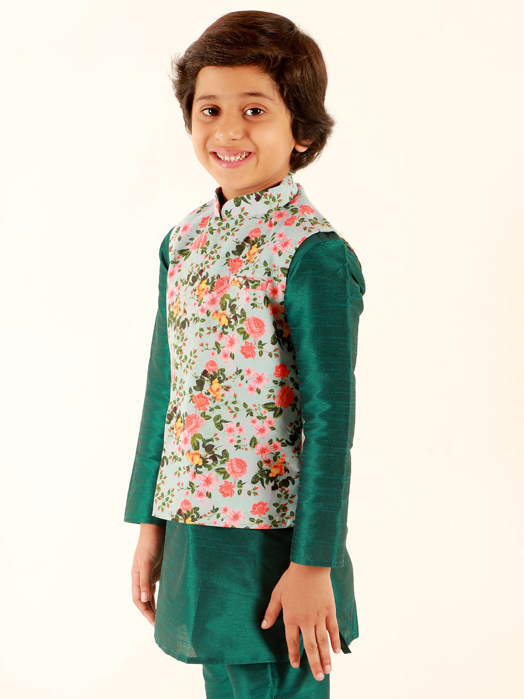 Boy's Aqua Floral Printed Nehru Jacket