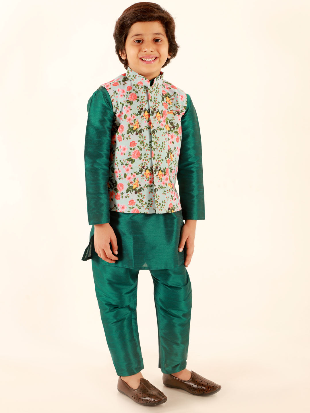 Boy's Aqua Floral Printed Nehru Jacket