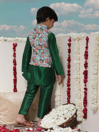 JBN CREATION Boy's Aqua Floral Printed Nehru Jacket With Green Kurta And Pyjama Set