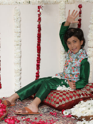 JBN CREATION Boy's Aqua Floral Printed Nehru Jacket With Green Kurta And Pyjama Set