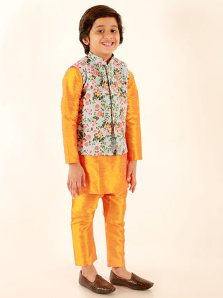JBN CREATION Boy's Aqua Floral Printed Nehru Jacket With Mustard Kurta And Pyjama Set