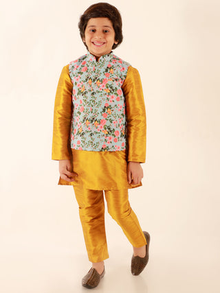 JBN CREATION Boy's Aqua Floral Printed Nehru Jacket With Mustard Kurta And Pyjama Set
