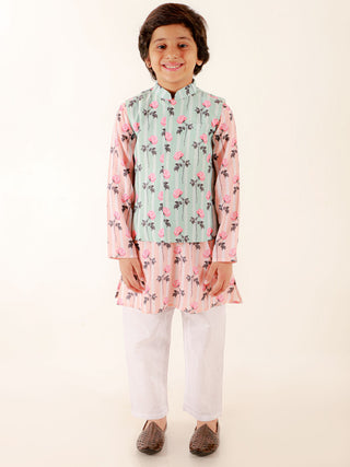 JBN CREATION Boys' Green Jacket with Peach Floral Print Kurta And White Pyjama Set