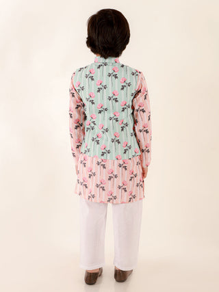 JBN CREATION Boys' Green Jacket with Peach Floral Print Kurta And White Pyjama Set