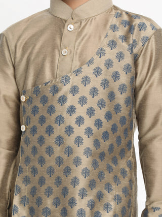 VASTRAMAY Brown Silk Blend Ethnic Print Kurta Pyjama Sibling Set