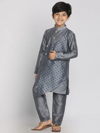 VASTRAMAY Grey Silk Blend Ethnic Print Kurta Pyjama Sibling Set
