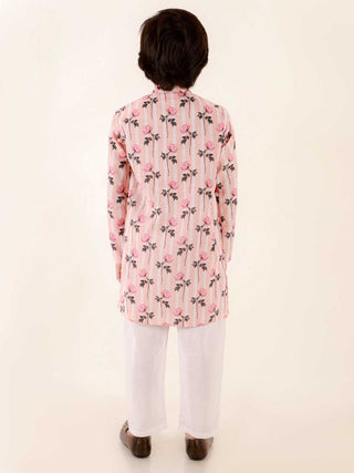 JBN CREATION Boys' Peach Floral Print Kurta And White Pyjama Set