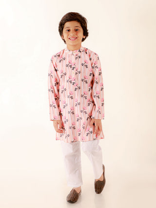 JBN CREATION Boys' Peach Floral Print Kurta And White Pyjama Set