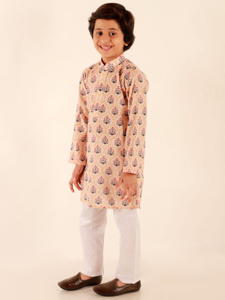 JBN CREATION Boys' Chiku Brown Floral Print Kurta And White Pyjama Set