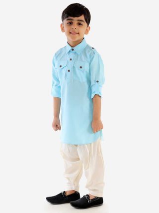 JBN Creation Boy's Blue Cotton Blend Pathani Suit Set