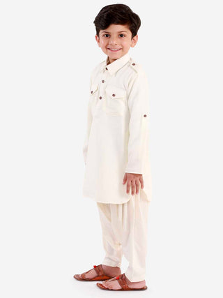 VASTRAMAY Boys Cream Cotton Blend Pathani Suit Set