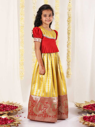 Vastramay Girl's Yellow Pavda Pattu Lehenga Choli Set