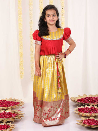 Vastramay Girl's Yellow Pavda Pattu Lehenga Choli Set