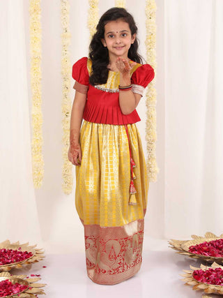 JBN CREATION Girl's Yellow Pavda Pattu Lehenga Choli Set