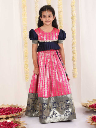 JBN CREATION Girl's Pink Pavda Pattu Lehenga Choli Set