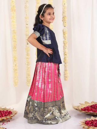 Vastramay Girl's Blue And Pink Pavda Pattu Lehenga Choli Set