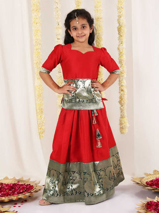Vastramay Girl's Red Pavda Pattu Lehenga Choli Set