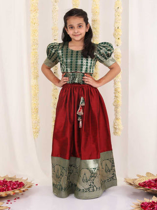 Vastramay Girl's Green And Maroon Pavda Pattu Lehenga Choli Set