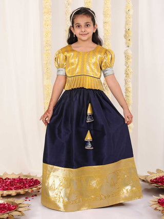 JBN CREATION Girl's Yellow And Blue Pavda Pattu Lehenga Choli Set