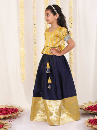 Vastramay Girl's Yellow And Blue Pavda Pattu Lehenga Choli Set
