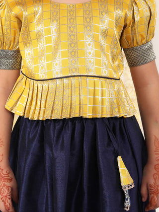 Vastramay Girl's Yellow And Blue Pavda Pattu Lehenga Choli Set