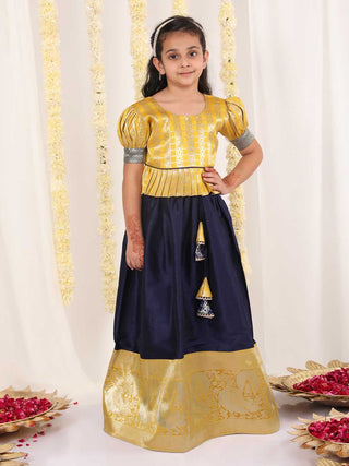 JBN CREATION Girl's Yellow And Blue Pavda Pattu Lehenga Choli Set