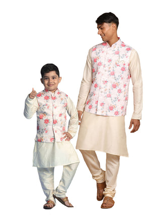 VASTRAMAY Peach Digital Print Nehru Jacket With Cream Kurta Pyjama Baap Beta Set