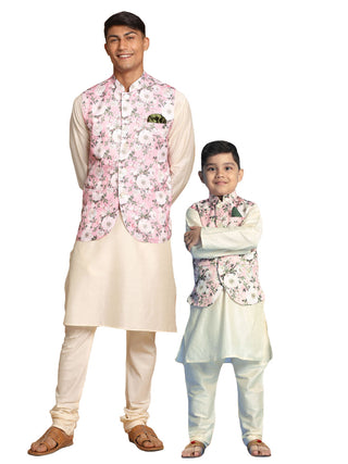 VASTRAMAY Pink Digital Floral Printed Royal Angrakha Nehru Jacket With Cream Kurta Pyjama Baap Beta Set