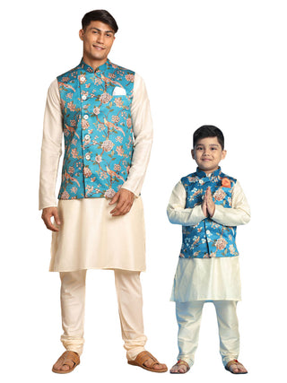VASTRAMAY Turquoise Digital Printed Royal Angrakha Nehru Jacket With Cream Kurta Pyjama Baap Beta Set