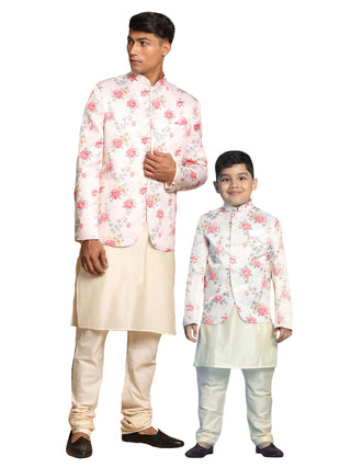 VASTRAMAY Baap Beta Peach Floral Print Jodhpuri With Cream Solid Kurta And Pyjama Set.