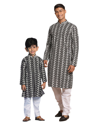 VASTRAMAY Black Pure Cotton Chikankari Baap Beta Kurta Pyjama Set
