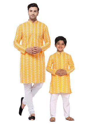 VASTRAMAY Orange Pure Cotton Chikankari Kurta Pyjama Baap Beta