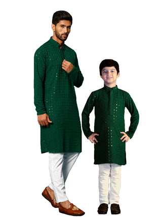 VASTRAMAY Green Schiffli Embroidered Kurta Pyjama Baap Beta Set