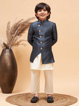 VASTRAMAY Boy's Grey Indo Western Jacket With Cream Kurta And Pyjama Set
