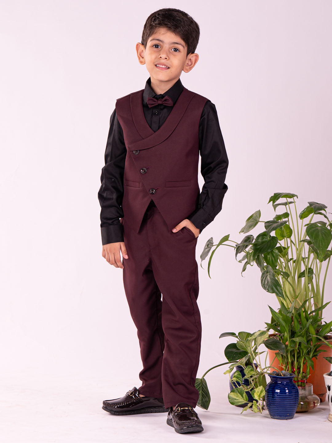 Boy's' Black And Maroon Shirt Blazer Waist Coat And Pant